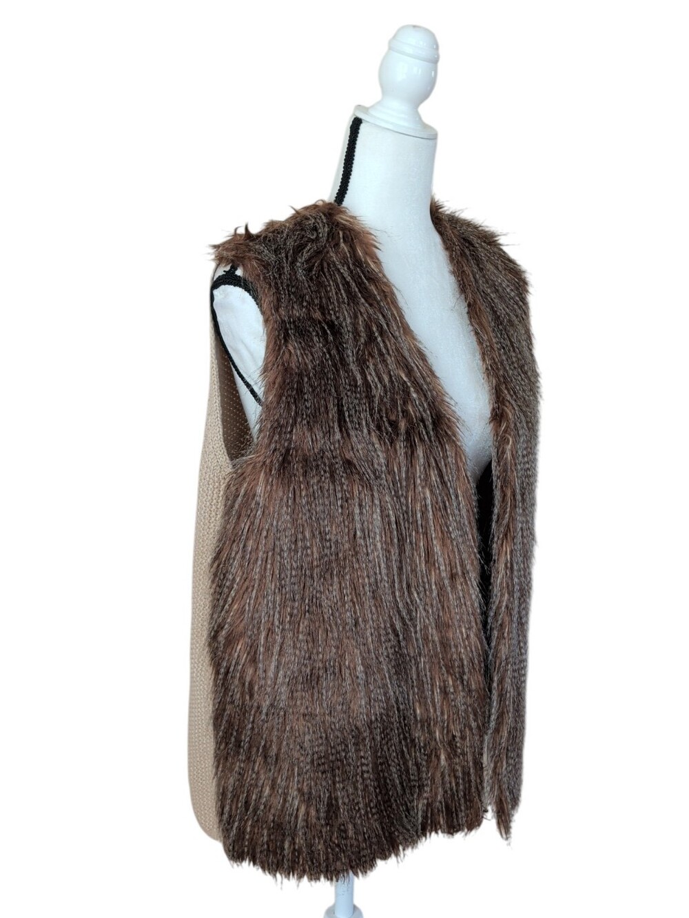 Pink Republic Open Front Faux Fur Vest with Knit Sweater Back XL Brown Tan